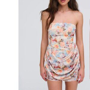 NWT FOR LOVE AND LEMONS DELPHINE RUCHED STRAPLESS BLUE DRESS W/ROSE PRINT XS